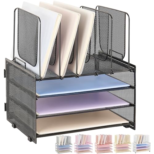 LEKETREE Desk Organizers and Accessories, 3-Tier Paper Organizer with 5 Vertical File Holders, File Organizer for Desk, Desk Accessories & Workspace Organizers (Black)