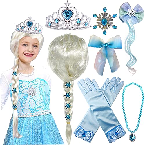 Princess Elsa Wig Frozen Elsa Braid with Princess Tiara Necklace Gloves Princess Elsa Dress Up Costume Cosplay Accessories for Kids Girls