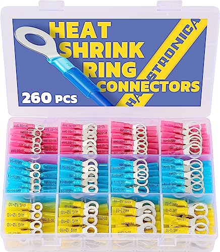 haisstronica 260PCS Marine Grade Heat Shrink Ring Connectors-Heat Shrink Wire Connectors Tinned Red Copper #10,1/4',5/16',3/8'(3Colors/4Sizes),16-14 22-16 12-10 Gauge Insulated Ring Crimp Terminals