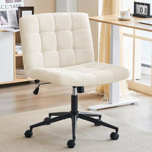 Furnimart Swivel Criss Cross Legged Chair with Wheels for Home Office, Wide Armless Desk Chair Height Adjustable Comfy Seat for Desk,Vanity, Bedroom, Faux Fur White