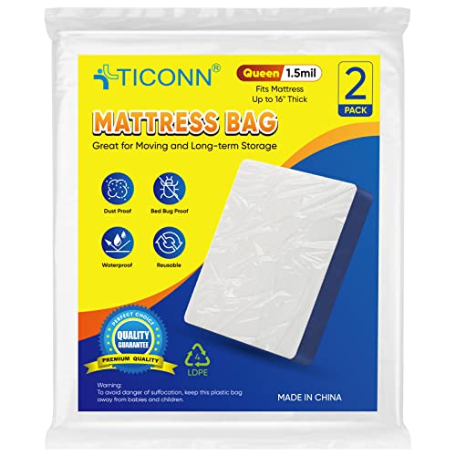 TICONN 2PK Plastic Mattress Bag for Moving Storage, Waterproof Mattress Protector Cover, Heavy-Duty Mattress Moving Supplies (1.5 mil, Queen)