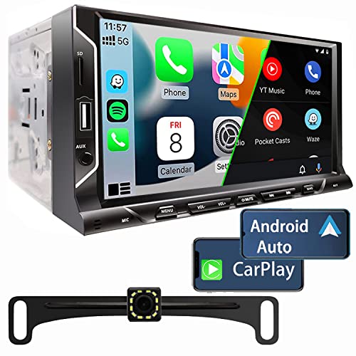 7 Inch Double Din Car Stereo Support Apple CarPlay Android Auto Mirror Link Capacitive Touchscreen Monitor Car Play Radio with Bluetooth 5.0, FM Radio, USB/TF/AUX Port, Backup Camera, Remote Control