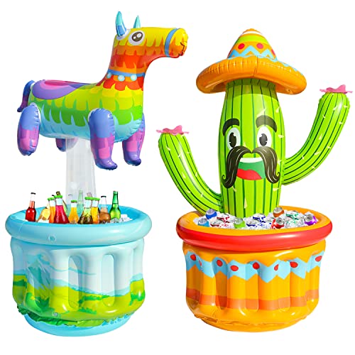 PARENTSWELL 2 Pack Inflatable Cactus Cooler, 47.5'' Blow Up Pool Party Drink Cooler Ice Bucket with Sombrero Hat, Mexican Fiesta Party Decorations Supplies for Cinco De Mayo Party Decor