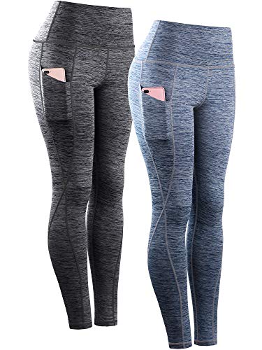 NELEUS Women's Yoga Pant Running Workout Leggings with Pocket Tummy Control High Waist,9033,2 Pack,Black,Navy Blue,XL,EU 2XL