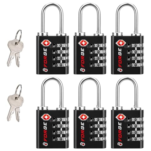 Forge Dual-Opening: Key or Combination Access Lock, TSA Approved Locks for Luggage, Pelican case, Travel, Gym, School, Stainless Steel Shackle.(Black 6 Pk)