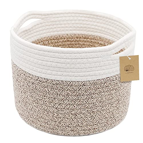 Small Rope Basket Round Woven Basket With Handle 9.5x9.5x7.1 in Cute Cotton Nursery Shelf Storage Basket Stitching Brown Beige Mixed Design Style 8.2L