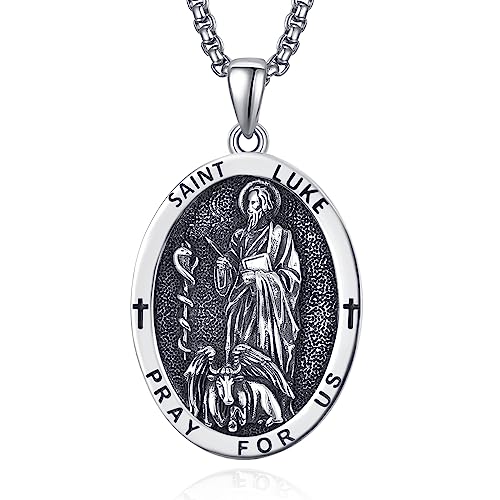 ADMETUS Saint Luke Medal Sterling Silver St Luke Pendant Necklace for Men Oval St. Luke Medal Protection Jewelry Religious Gifts