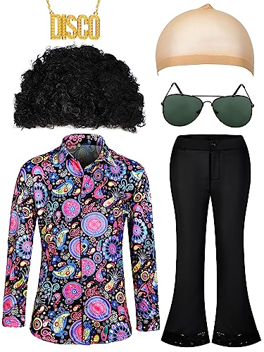 Mepase 6 Pcs Men 70s Disco Costumes Include Retro Shirt Bell Bottom Pants Wig Sunglasses Necklace Wig Cap for Disco Party (Floral Style, Large)