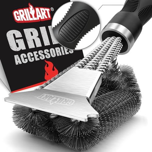 GRILLART Grill Brush and Scraper, Extra Strong BBQ Cleaner Accessories, Safe Wire Bristles 18' Barbecue Triple Scrubbers Cleaning Brush for Gas/Charcoal Grilling Grates, Wizard Tool BR-8115
