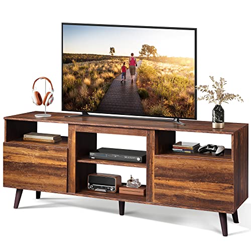 WLIVE Mid-Century Modern TV Stand for 65' TV, TV Console Cabinet, Open Shelves Entertainment Center for Living Room and Bedroom, Retro Brown