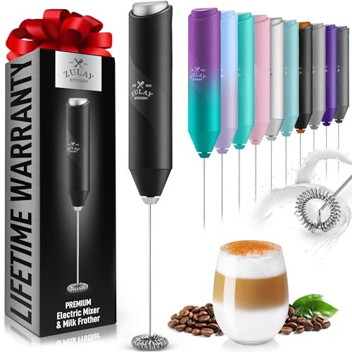 Zulay Kitchen Powerful Milk Frother Wand - Mini Milk Frother Handheld Stainless Steel - Battery Operated Drink Mixer for Coffee, Lattes, Cappuccino, Matcha - Froth Mate Milk Frother Gift - Black