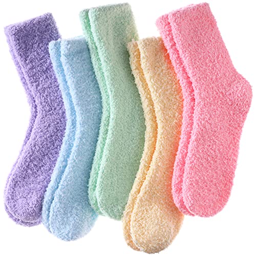 LINEMIN Womens Fuzzy Socks Cozy Fluffy Winter Warm Slipper Socks Microfiber Soft Home Sleeping Socks (5 Pack Soild Color B)