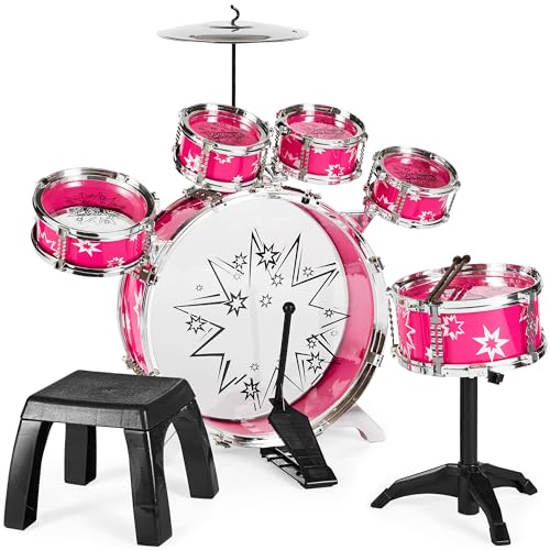 Best Choice Products 11-Piece Kids Beginner Drum Kit, Musical Instrument Toy Drum Set for Music Practice w/ Bass, Toms, Snare, Cymbal, Stool, Stand Drumsticks - Pink