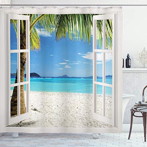 Ambesonne Turquoise Shower Curtain Beach Home Tropical Palms on Island Ocean Through White Wooden Windows Cloth Fabric Set with Hooks for Bathroom Decor and Backdrop 69' W x 70' L Blue Green and White