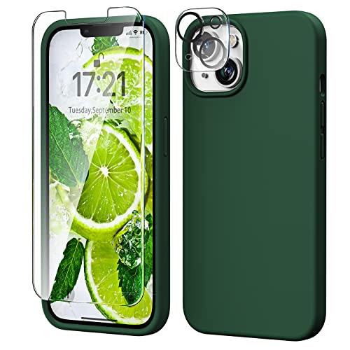 TOCOL 5 in 1 for iPhone 14 Case, with 2 Pack Screen Protector + 2 Pack Camera Lens Protector, Liquid Silicone Phone Case for iPhone 14, Alpine Green