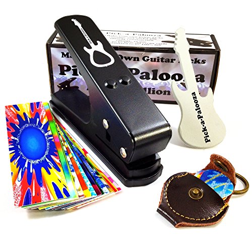 Pick-a-Palooza DIY Guitar Pick Punch Mega Gift Pack - the Premium Guitar Pick Maker - Includes Leather Key Chain Pick Holder, 15 Pick Strips and a Pick File - Black