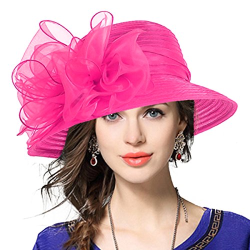 VECRY Lady Derby Dress Church Cloche Hat Bow Bucket Wedding Bowler Hats (Rose)