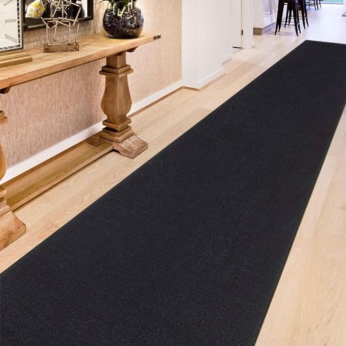 Machine Washable Modern Solid Design Non-Slip Rubberback 3x10 Traditional Runner Rug for Hallway, Kitchen, Bedroom, Living Room, 2'7' x 9'10', Black