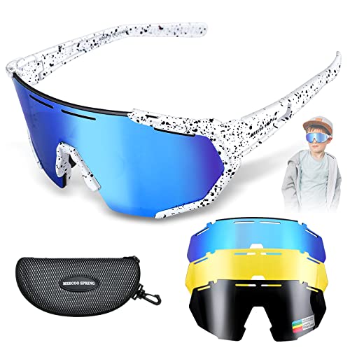 Meecoo Spring Youth Baseball Sunglasses for Boy 8-12 with 3 Interchangeable Lenses,TR90 Frame UV400 Protection Biking Glasses