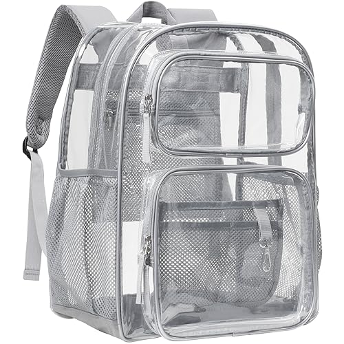 PACKISM Clear Backpack for School - 17' Heavy Duty PVC Transparent Backpacks with Multi-pockets for College Workplace Security, Grey(for age 12 above)