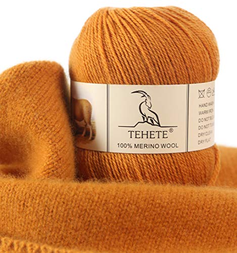 TEHETE 100% Merino Wool Yarn for Knitting 3-Ply Luxury Warm Soft Lightweight Crochet Yarn (Ginger)