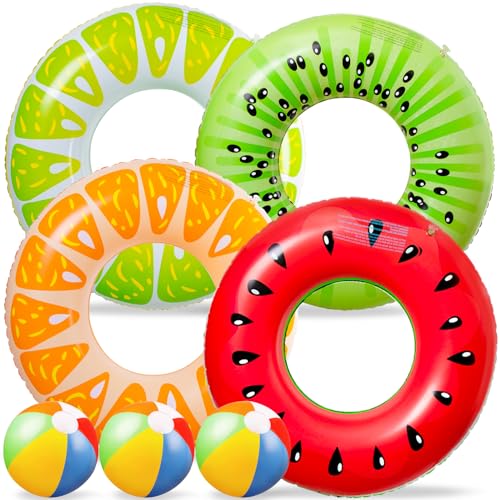90shine 7PCS Fruit Pool Floats: Watermelon Kiwi Orange Lemon Swimming Rings with 13.5' Beach Balls - Inflatable Tubes Floaties Toys for Kids Adults