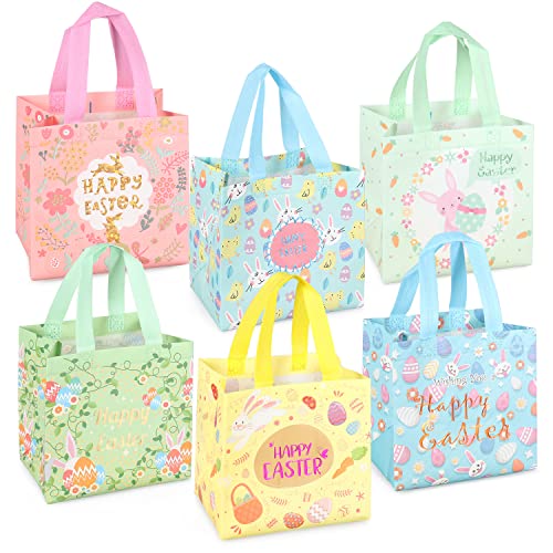 6PCS Happy Easter Egg Hunt Bags Bunny Carrot Chick Metallic Printing Gift with Handles, Treat Bags, Multifunctional Non-Woven for Gifts Wrapping, Party Supplies , 8.3×7.9×5.9inch