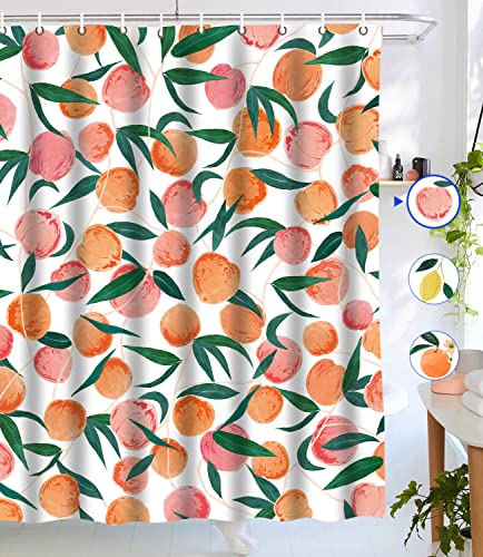Lifeel Peach Shower Curtain, Allover Fruits Cute Bright Colorful Design Waterproof Fabric Bathroom Curtains Set with 12 Hooks, Peachy Pink 72×72 inch