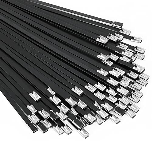 Metal Zip Ties black 100pcs 11.8 inch 304Stainless steel Epoxy Coated Cable Tie Multi-purpose Self-locking Cable Ties used for machinery, vehicles, farms, cables, pipesas well as Outdoor binding