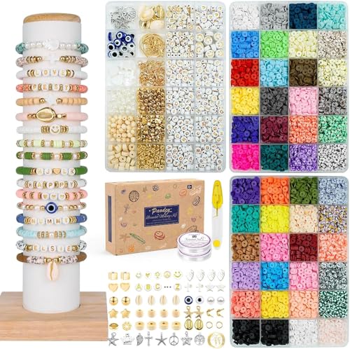 Bracelet Making Kit, 10,000 Pcs Polymer Clay Beads, 48 Colors Round Letter Beads Jewelry Making Kit Friendship Bracelets Heshi Beads with Charms Strings Crafts Gift for Girls Adults