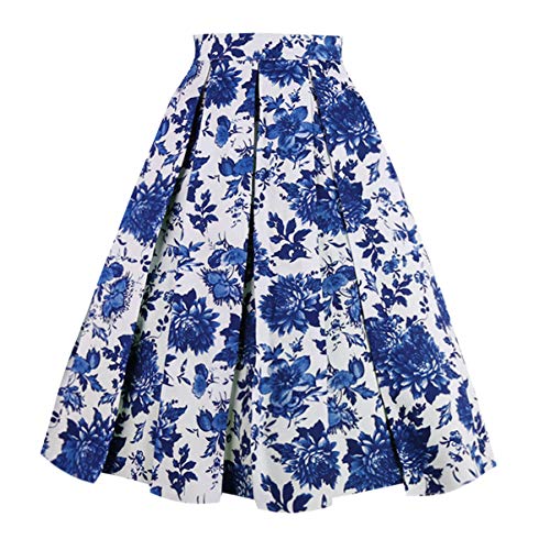 OBBUE Dresstore Vintage Pleated Skirt Floral A-line Printed Midi Skirts with Pockets Blue-White-Porcelain-L