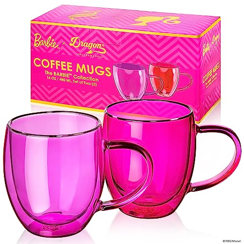 Dragon Glassware x Barbie Glass Coffee Mugs, Pink and Magenta Double Wall Insulated Cups, Keeps Beverages Hot or Cold Longer, 16 oz Capacity, Set of 2