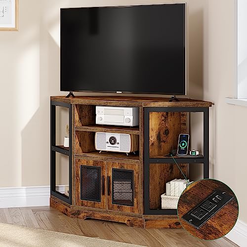 YITAHOME Corner TV Stand for TVs up to 55 Inch with Power Outlet, Modern Farmhouse Entertainment Center, Wood TV Media Console with Storage Cabinets Shelves for Living Room, Retro Brown