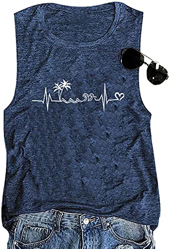 Beach Heartbeat Tank Tops for Women: Hawaiian Vacation Sleeveless Shirts Palm Tree Graphic Print Muscle T Shirt Dark Blue