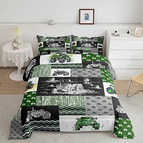 Erosebridal Green Tractor Comforter Set Full Size Farm Vehicle Truck Bedding Set Cartoon Equipment Construction Harvester Down Comforter for Kids Boys Car Bedroom Decor with 2 Pillowcases, Grey