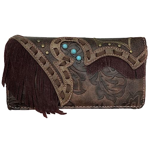 Zelris Women Crossbody Wallet Turquoise Concho Suede Fringe Two Tone Cowgirl Trifold Open (Western Brown)