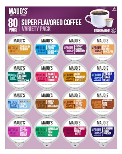 Mauds Super Flavored Coffee Variety Pack - 80ct Single Serve Pods with 16 Flavors of Medium Roast Arabica Coffee