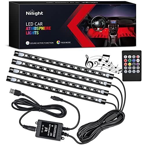 Nilight 48 LEDs DC 5V Multicolor Music Car Strip Light Under Dash Lighting Kit with Sound Active Function and Wireless Remote Control, 2 Years Warranty, 4PCS USB Interior Lights