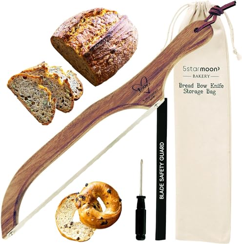 RIGHT HANDED US DESIGNED- Wooden Bread Bow Knife -Serrated Knife - Wooden Handle Bread Knife with Leather Hanging Strap - Sourdough Bread Knife for Homemade Bread with Linen Storage - Bread Knife Wood