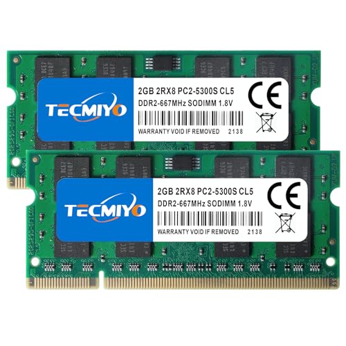 TECMIYO 4GB Kit (2x2GB) DDR2 Sodimm 667Mhz PC2-5300 PC2-5300S Non ECC Unbuffered 1.8V CL5 2RX8 Dual Rank 200 Pin Laptop Notebook Computer Memory Ram Module