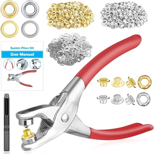 803Pcs Grommet Eyelet Pliers Kit, 1/4 Inch 6mm(Inside Diameter) Grommet Tool Kit with 800 Metal Eyelets with Washers in Gold and Silver, Eyelet Grommet Hand Press kit for Leather/Belt/Shoes/Crafts