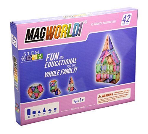 MagWorld Toys Magnetic Construction Pastel Colors-42 Piece Set. Create 2D and 3D Shapes, Figures & Architecture. STEM Play Age 3 and Up.