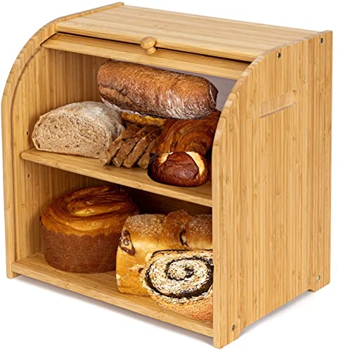 Purbambo Bamboo Bread Box for Kitchen Countertop, Double Layer Roll-top Bread Storage Boxes Food Keeper With Adjustable Middle Shelf