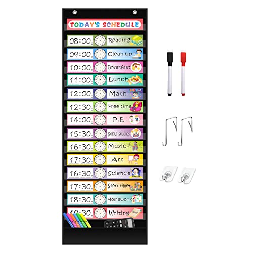 REGELETO 15+1 Pockets Daily Schedule Pocket Chart with 30 Pcs Double-Sided Reusable Cards, Scheduling Pocket Chart for Classroom Office Home Preschool Activity (Black)