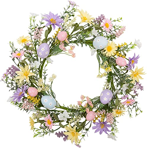 VGIA 18 inch Easter Wreath with Pastel Eggs Artificial Easter Egg Wreath for Front Door Spring Door Wreath with Wild Flowers and Pastel Eggs Easter Decorations for Home