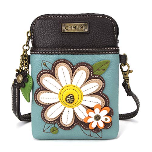 CHALA Cell Phone Crossbody Purse-Women PU Leather/Canvas Multicolor Handbag with Adjustable Strap - Daisy - blue
