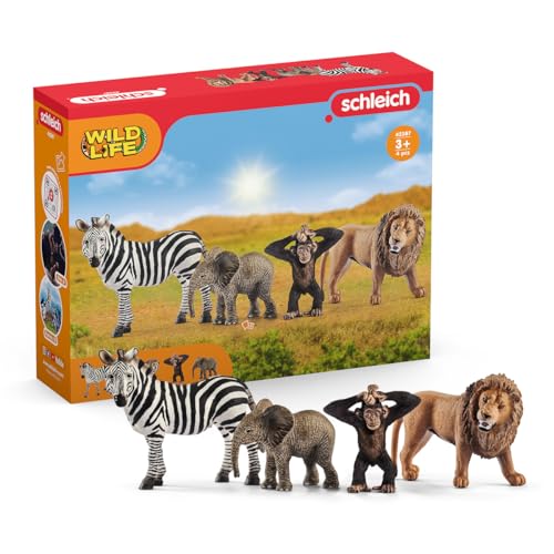 Schleich Wild Life - Starter Set, Includes 4 x Collectible Toy Animals, Zebra, Lion, Baby African Elephant and Infant Chimpanzee Animals Toys for Kids Ages 3+