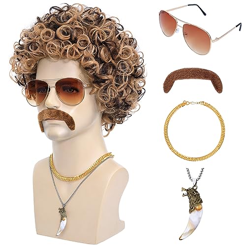 Bettecos 6pcs Set 70s 80s Disco wig with Mustache Glasses Artificial Wolf Necklace Golden Chain Short Curly Hair Afro Mens Wig for 60s Hippies Costume Cosplay Halloween Party (Blonde Mixed Brown)