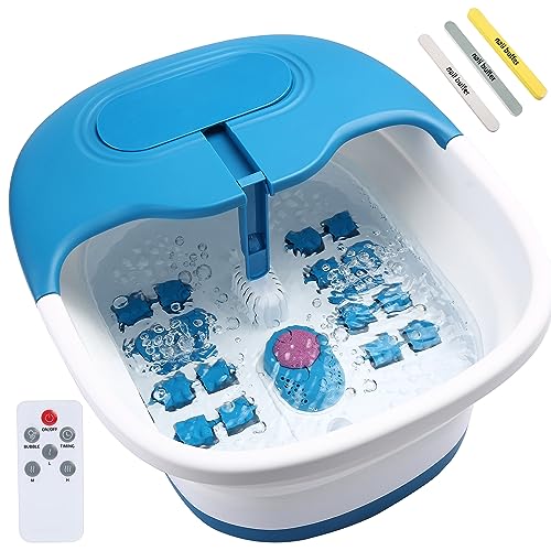SPA4PIEDS Collapsible Foot Spa Massager with Remote Control and 3 Double Sided Nail Buffer File Polisher, Bubble Jets, 3 Temperature and 2 Timer Settings, Easy Storage and Space Saving-Blue