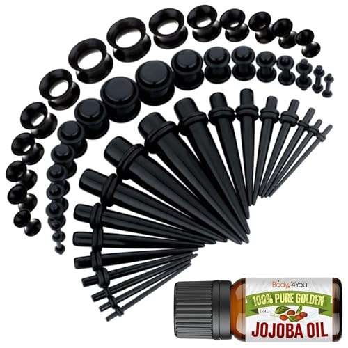 BodyJ4You 54PC Ear Stretching Kit 14G-12mm - Aftercare Jojoba Oil - Black Acrylic Plugs Gauge Tapers Silicone Tunnels - Lightweight Expanders Men Women